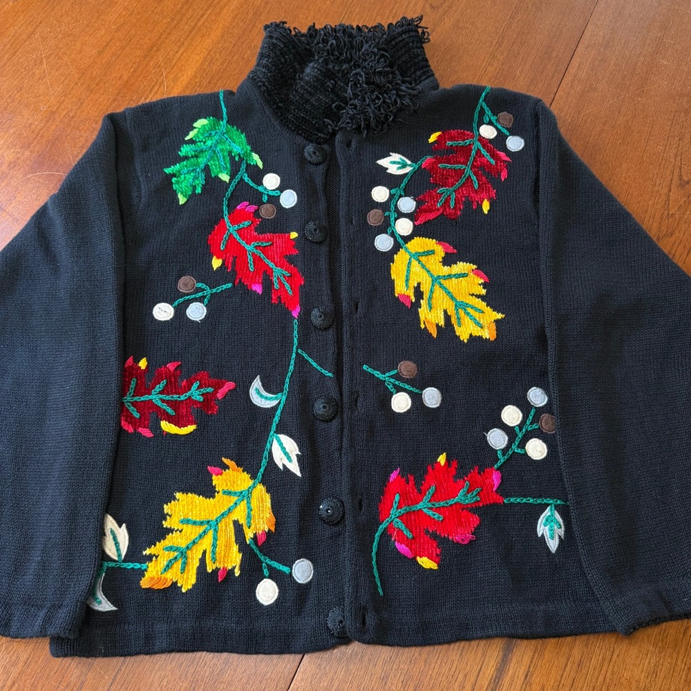 Vintage Victoria Harbour Black Embroidered Fall Leaves Button Cardigan Women's L